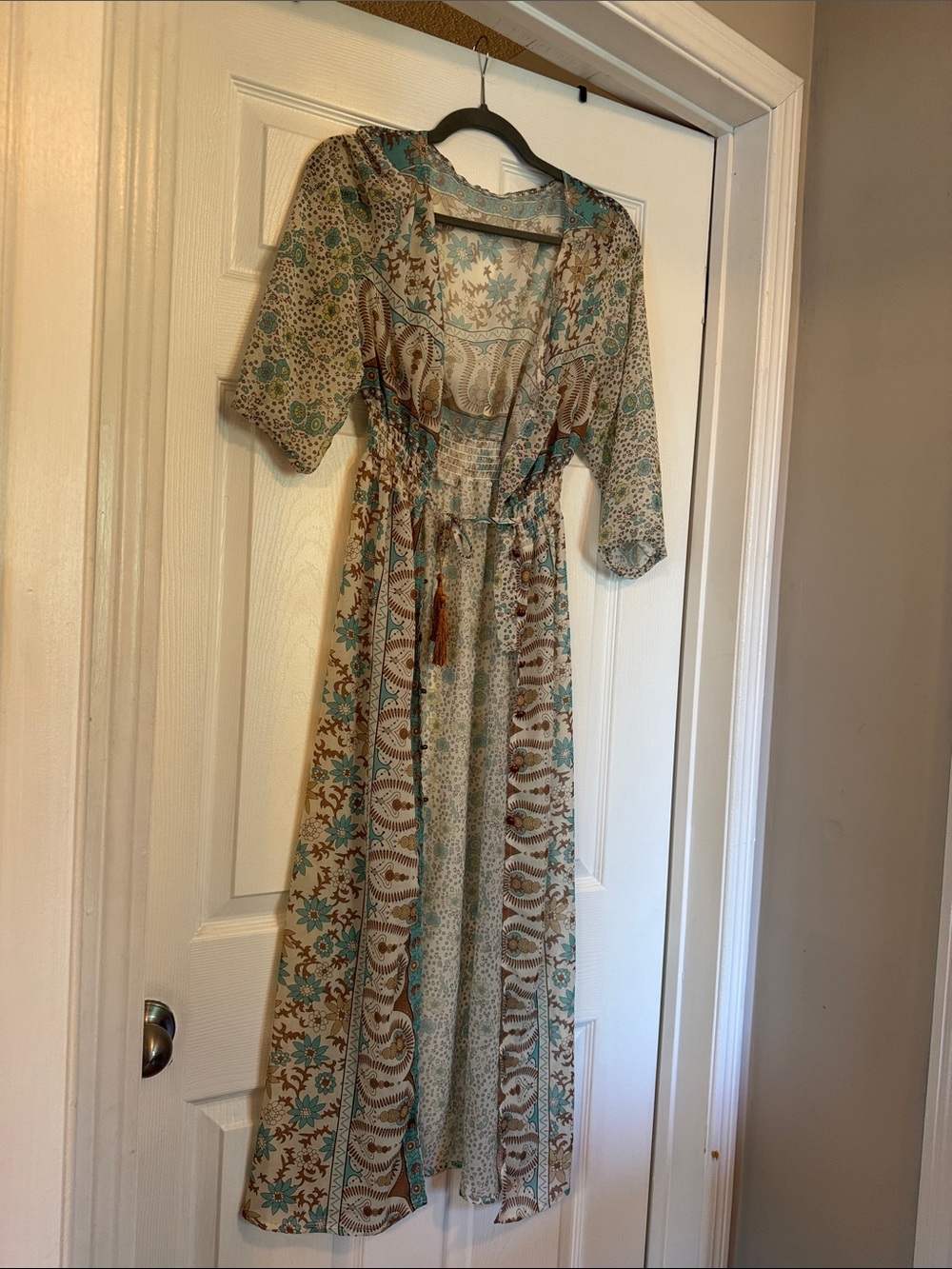 Floral Paisley Maxi Dress in Teal & Cream with Tie Waist